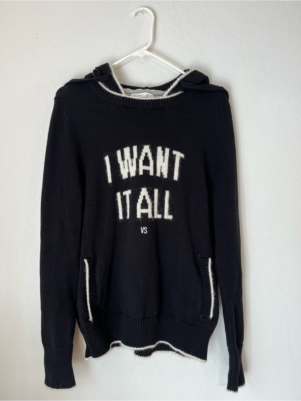 Victoria Secrets “I Want It All” Sweater Hoodie Cotton Mohair Size M Rare 🍒🍒